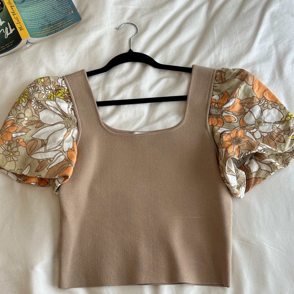 Square Neck Puff Sleeve Top with Floral Contrast Sleeves